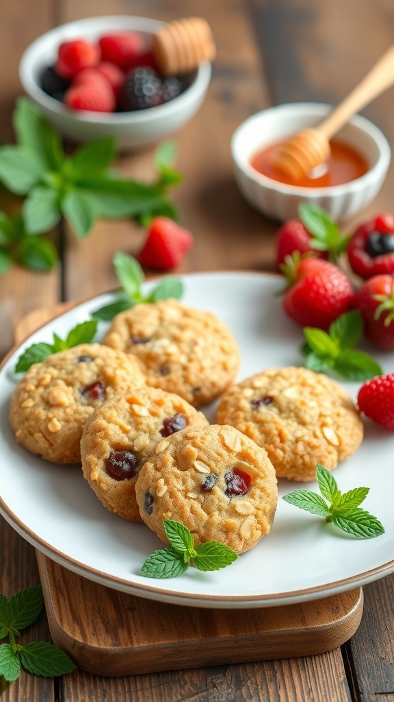 Healthy air fryer desserts including banana oat cookies and mixed berry bites on a wooden table.